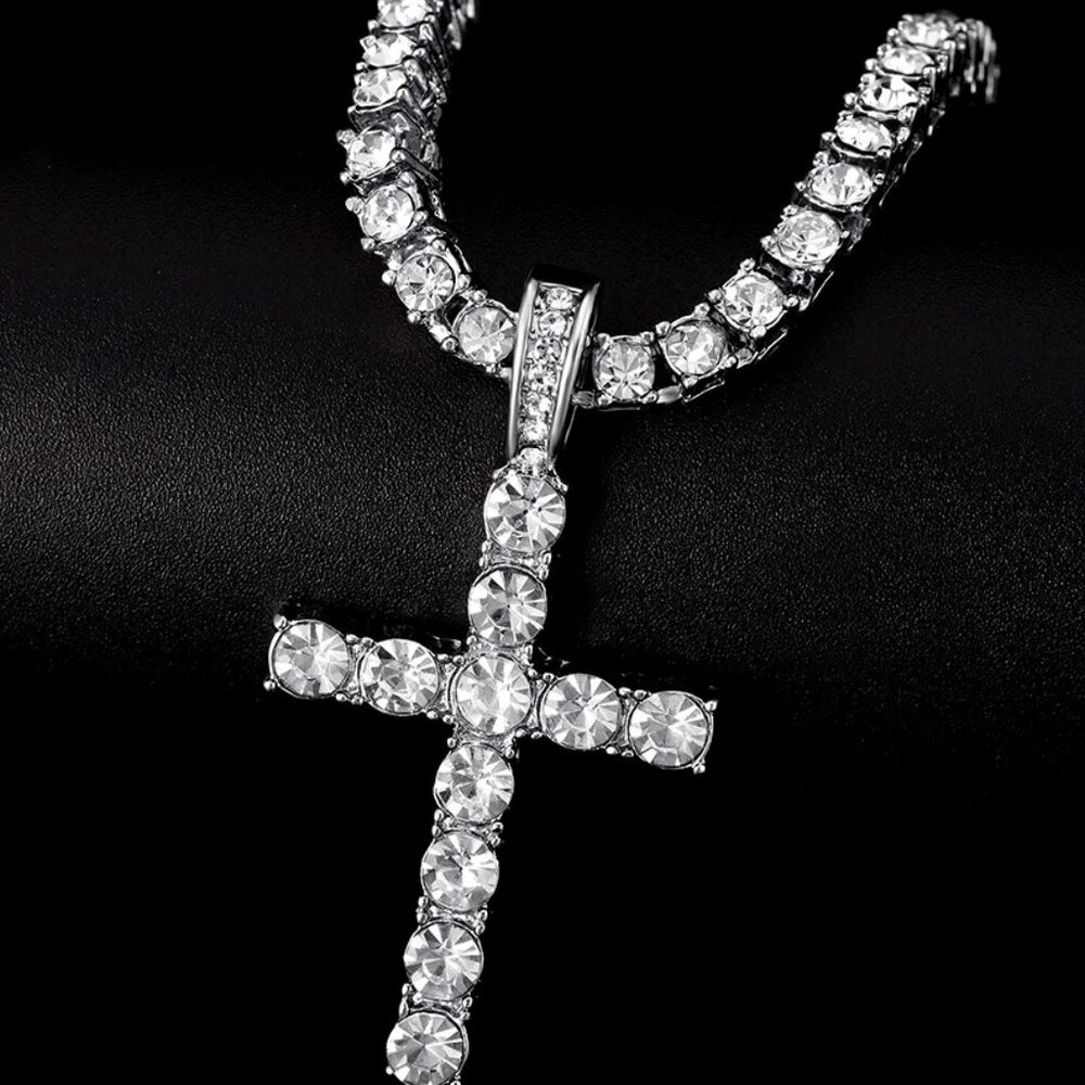⭐ 2PC 24" Diamond Hip Hop Necklace and Cross Pendant With 4mm Diamonds  ⭐